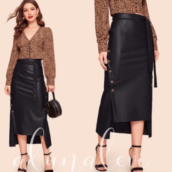 Dresses & Skirts - SHERRY Button Detail Leather Midi Skirt